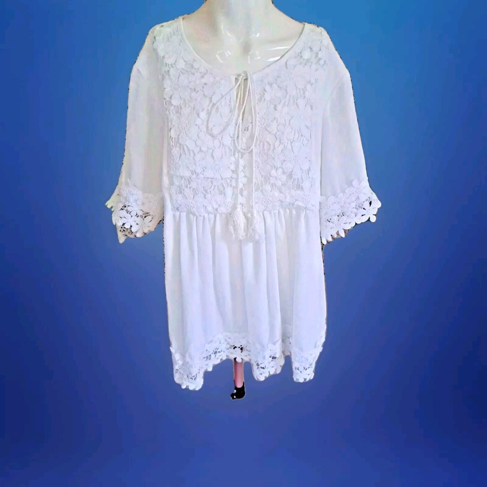 Women's White Tunic Top XL Lacey Cottage Core Tie Front Lining Babydoll Boho